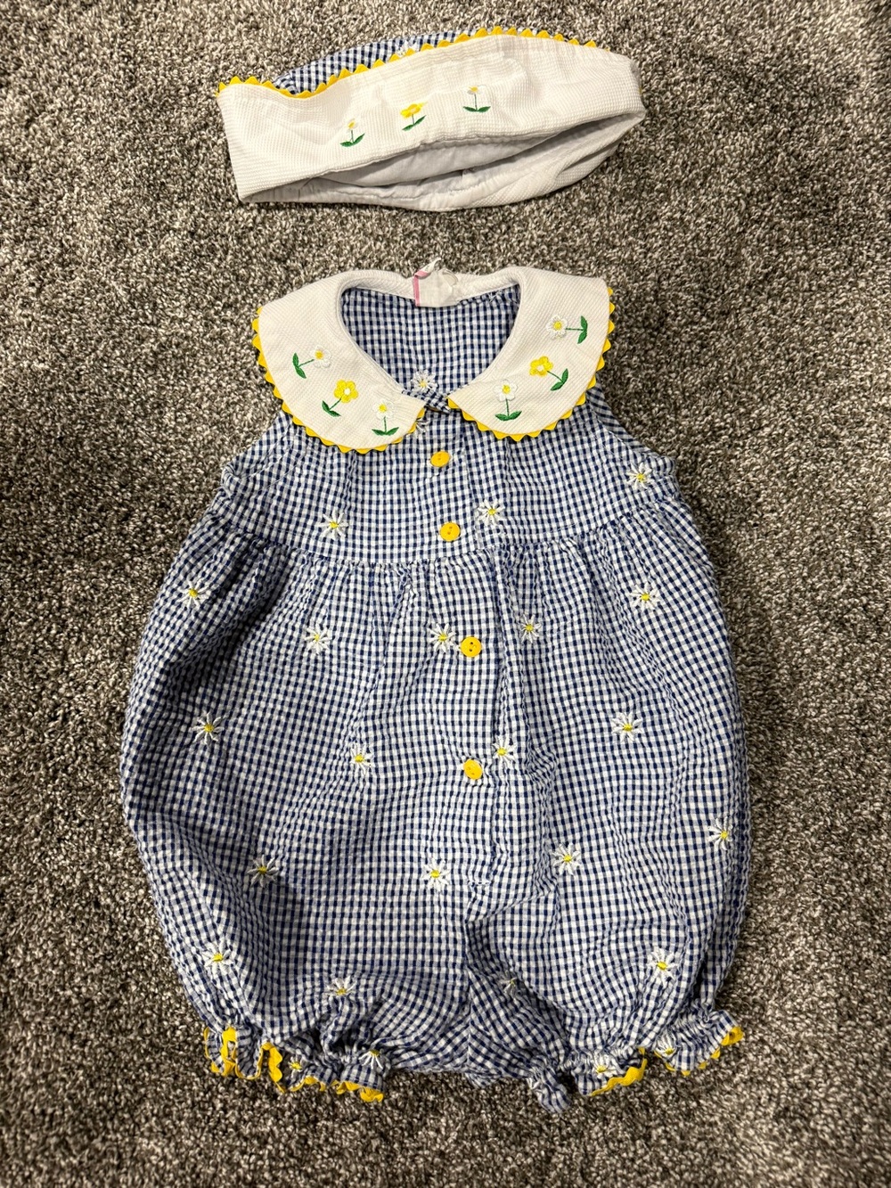 Vintage Gingham Daisy Embroidered Baby Romper with Cap